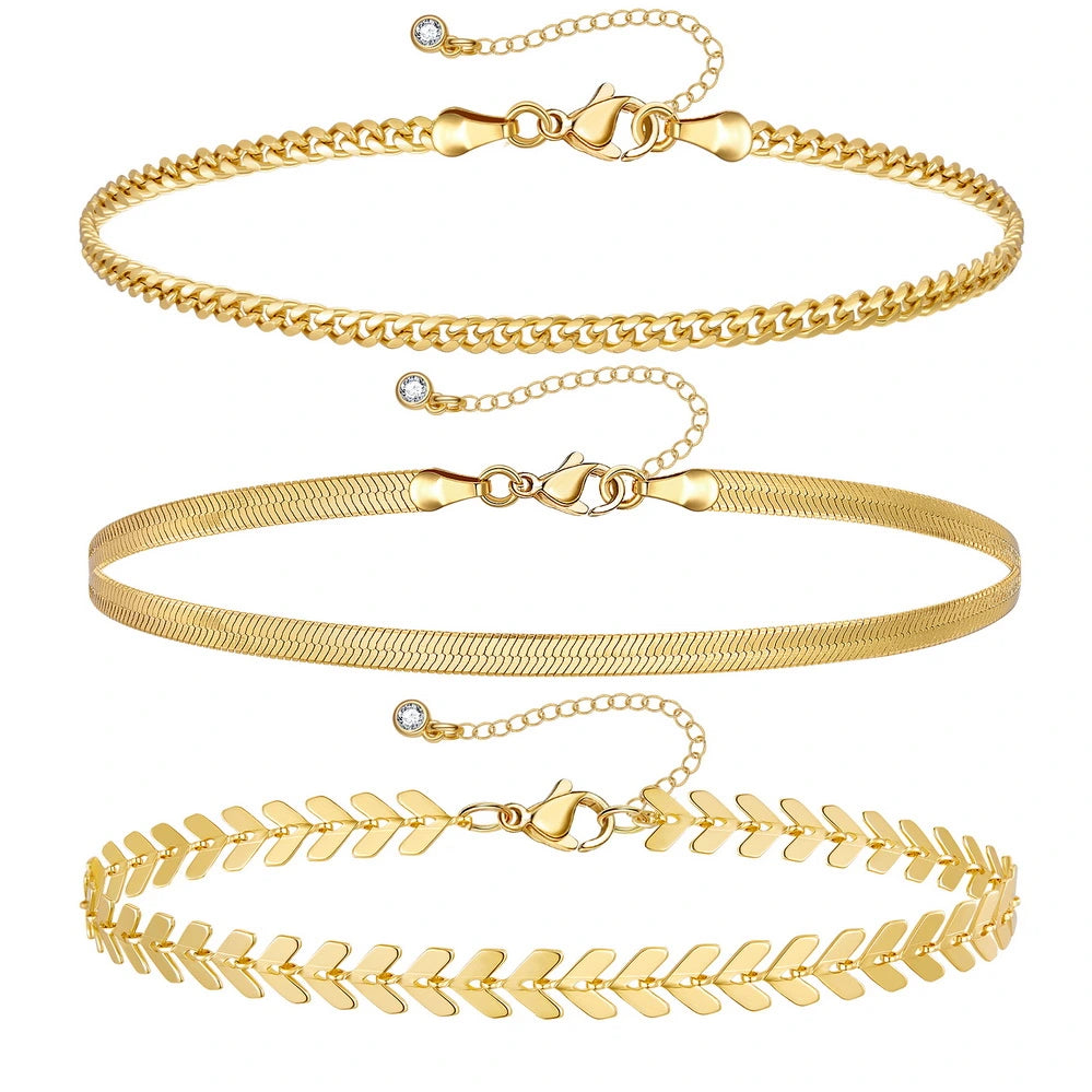 Ladies bracelets latest designs-Dainty 14k Gold Plated Layering Anklets Bracelets Set-Fishbone & 3mm Cuban & Snake