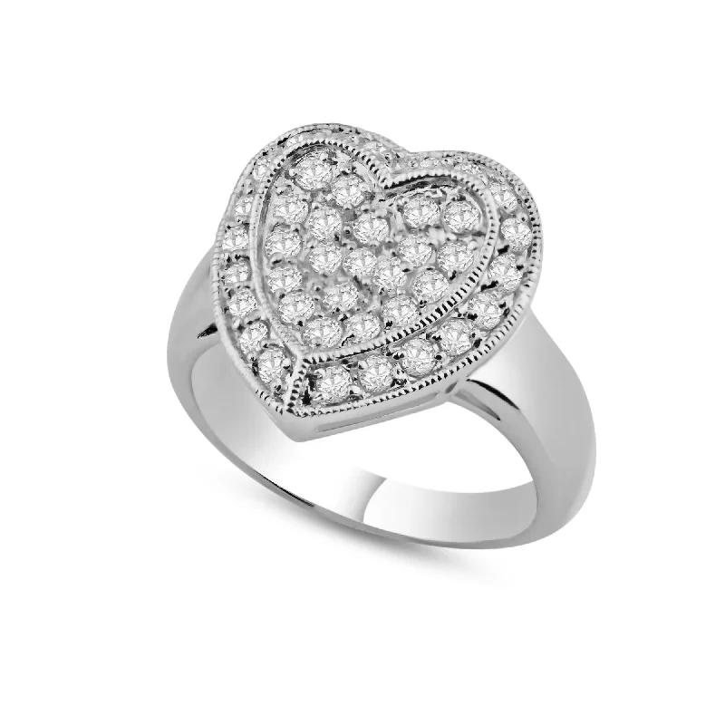 Ladies rings care tips-Rhodium Plated 925 Sterling Silver Pave Set Clear CZ Solid Heart Ring - BGR00025