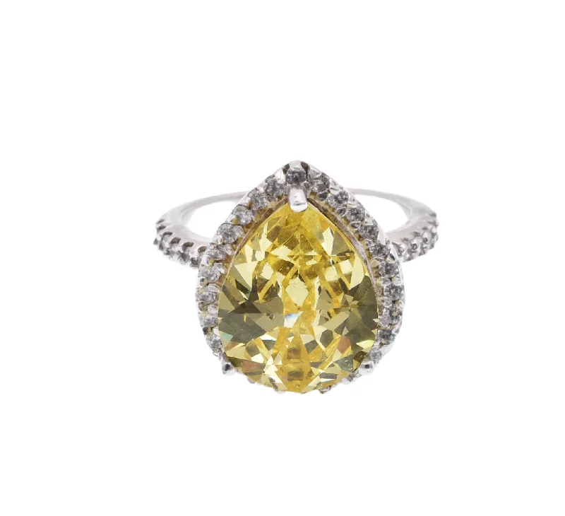 Ladies rings care tips-Silver 925 Rhodium Plated Yellow Center Clear Cluster CZ Ring - STR00386YEL