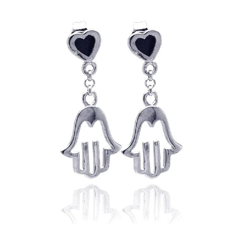 Ladies earrings personalized-Silver 925 Rhodium Plated Black Heart CZ Open Hand Wire Dangling Earrings - STE00776