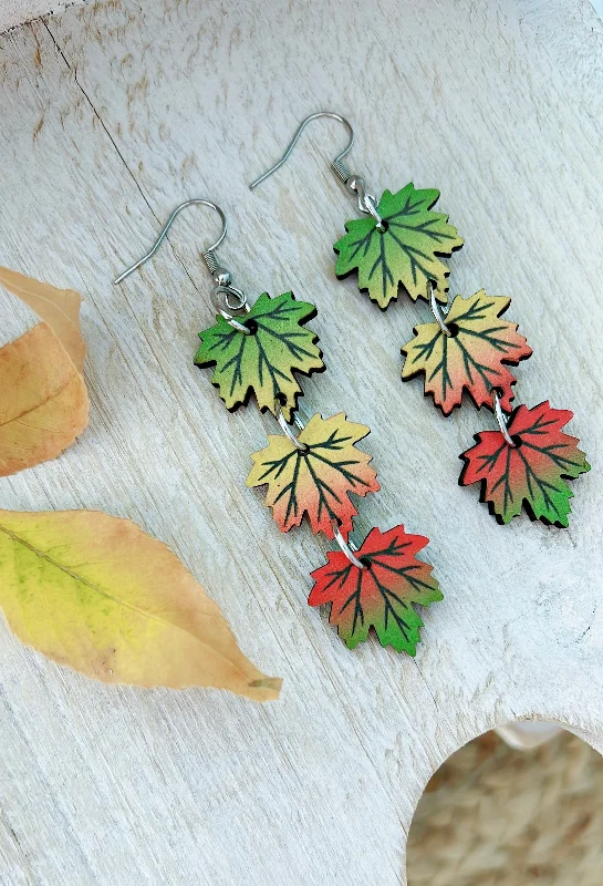 Ladies earrings unique finds-Beautiful Red, Yellow, and Green Wooden Maple Leaf Earrings