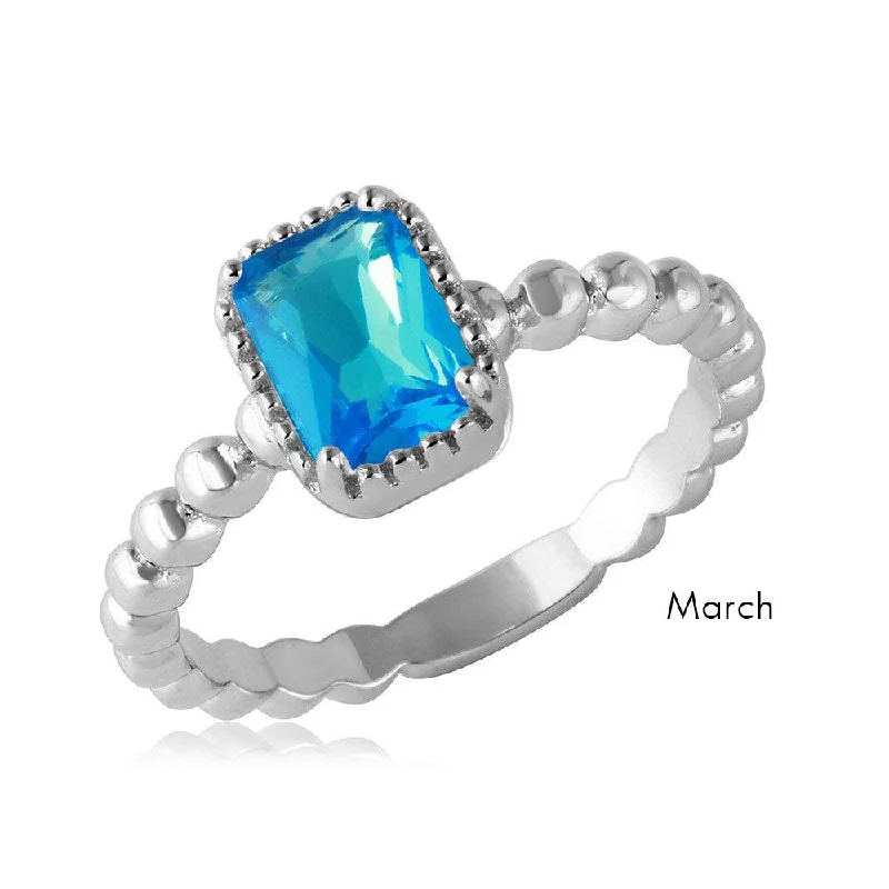 Ladies rings floral accents-March Sterling Silver 925 Rhodium Plated Beaded Shank Square Center Birthstone Ring - BGR01081MAR