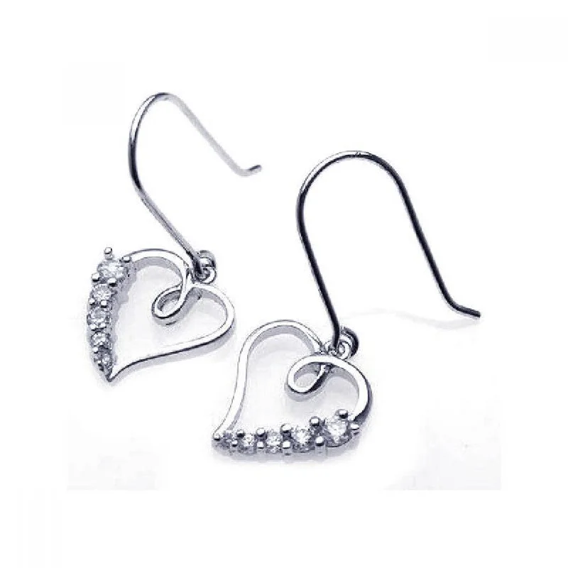 Ladies earrings vintage vibes-Silver 925 Rhodium Plated Open Heart CZ Dangling Hook Earrings - BGE00086