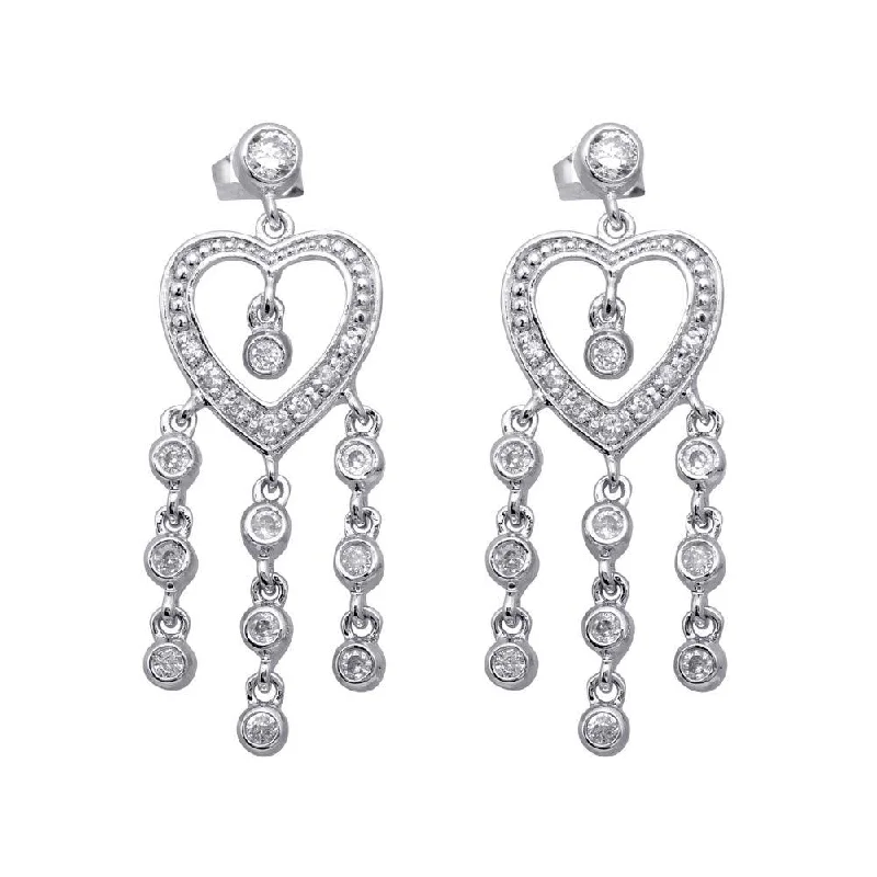 Ladies earrings gothic charm-Clearance-Silver 925 Rhodium Plated Heart CZ Three Strand Dangling Earrings - STE00169