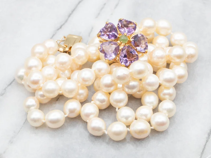 Ladies rings gift ideas-Vintage Pearl Necklace with Amethyst and Jade Floral Clasp