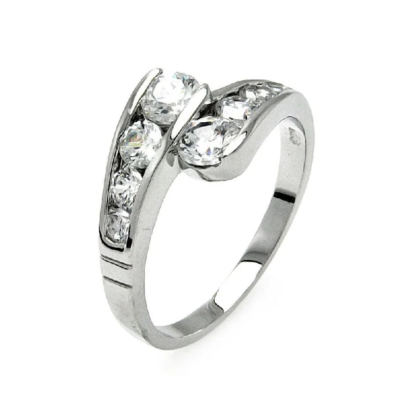 Ladies rings luxury brands-Silver 925 Rhodium Plated Clear Channel Set CZ Overlap Ring - BGR00558