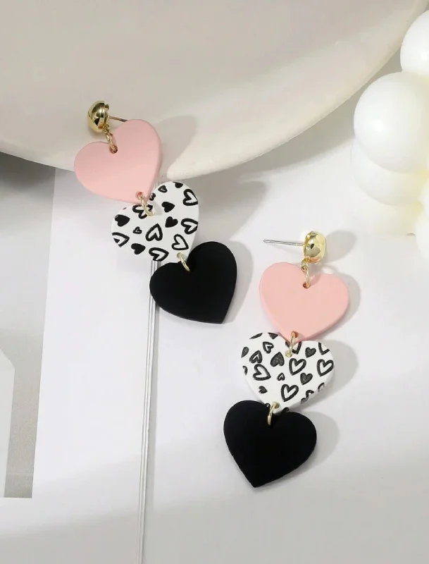 Ladies earrings daily wear-Beautiful Light Pink, Black, and White Acrylic Heart Earrings