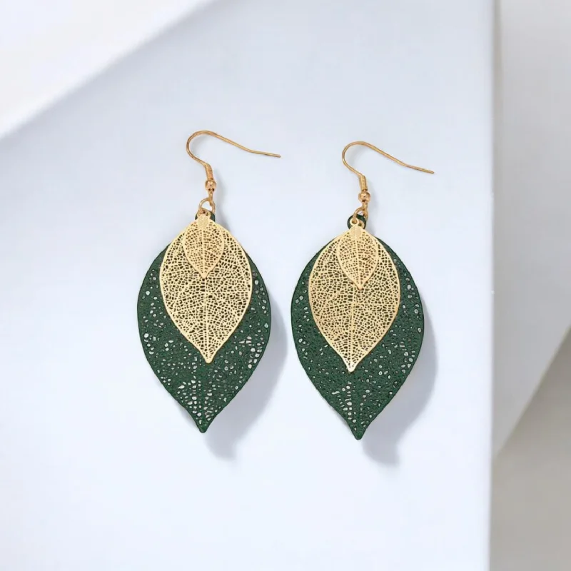 Ladies earrings price range-Beautiful Green and Gold Leaf Earrings