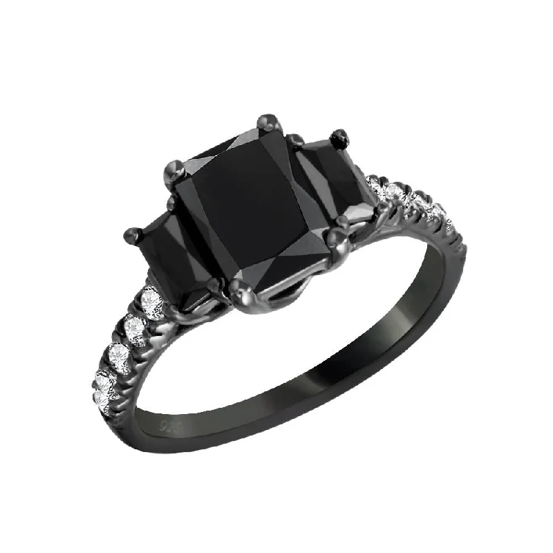 Ladies rings middle finger-Black Rhodium Plated 925 Sterling Silver Black and Clear CZ Past Present Future Ring - ACR00003BLK