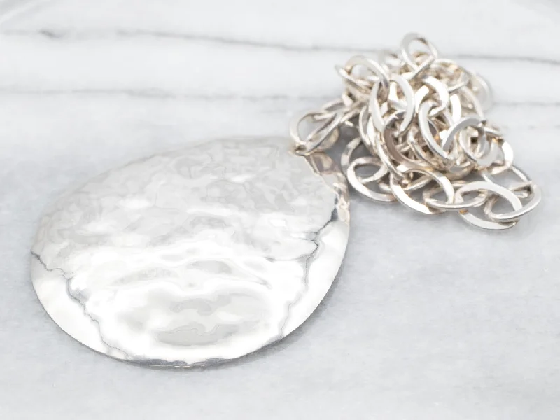 Ladies rings designer labels-Sterling Silver Oval Link Necklace and Large Hammered Pendant with Lobster Clasp