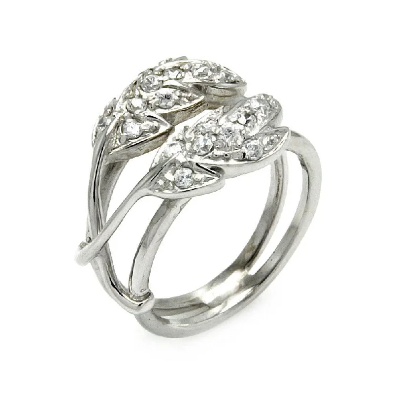 Ladies rings care tips-Clearance-Silver 925 Rhodium Plated CZ Double Leaf Ring - STR00282