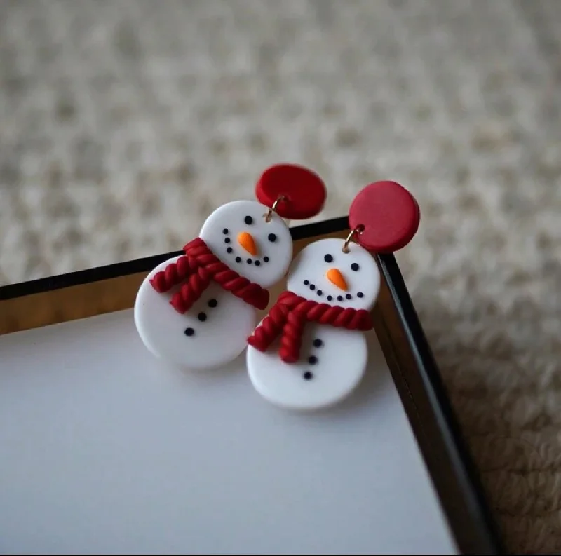 Ladies earrings celebrity trends-Adorable Polymer Clay Snowman Stud Drop Earrings