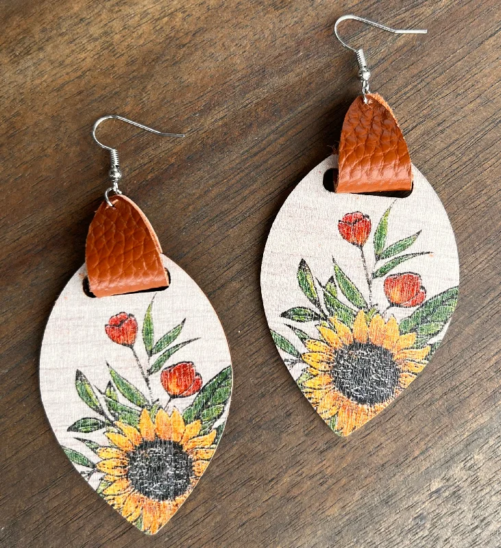 Ladies earrings lightweight styles-Wooden Sunflower Earrings