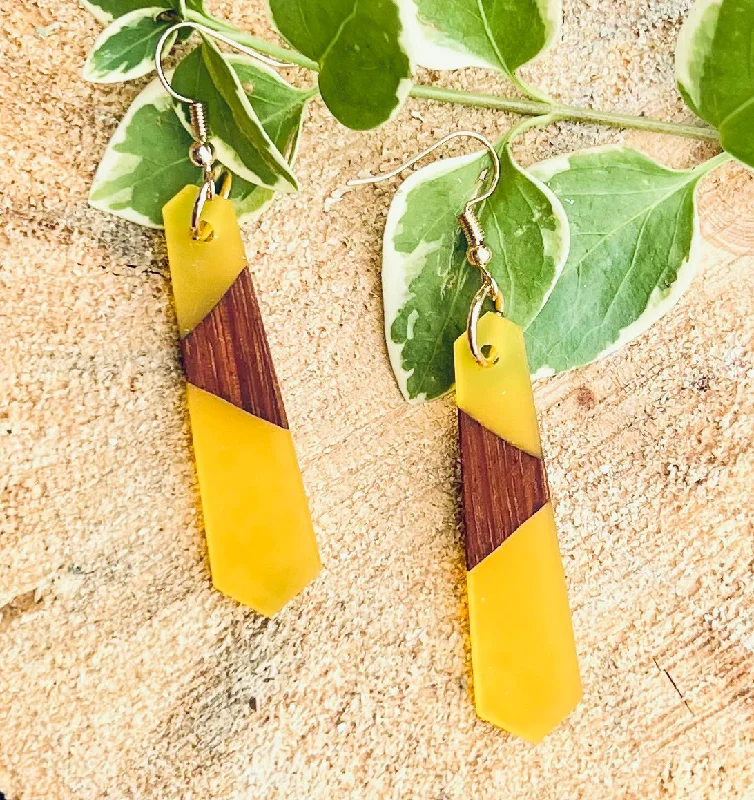 Ladies earrings synthetic jewels-Beautiful Wood and Yellow Resin Earrings