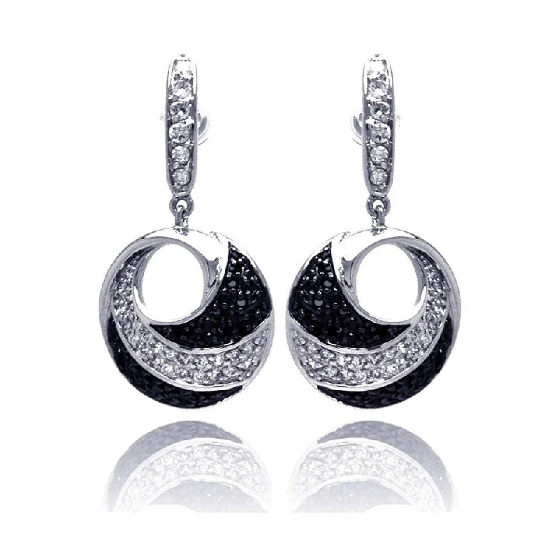 Ladies earrings minimalist trends-Clearance-Silver 925 Black and Silver Rhodium Plated Open Circle Black and Clear CZ Earrings - BGE00128