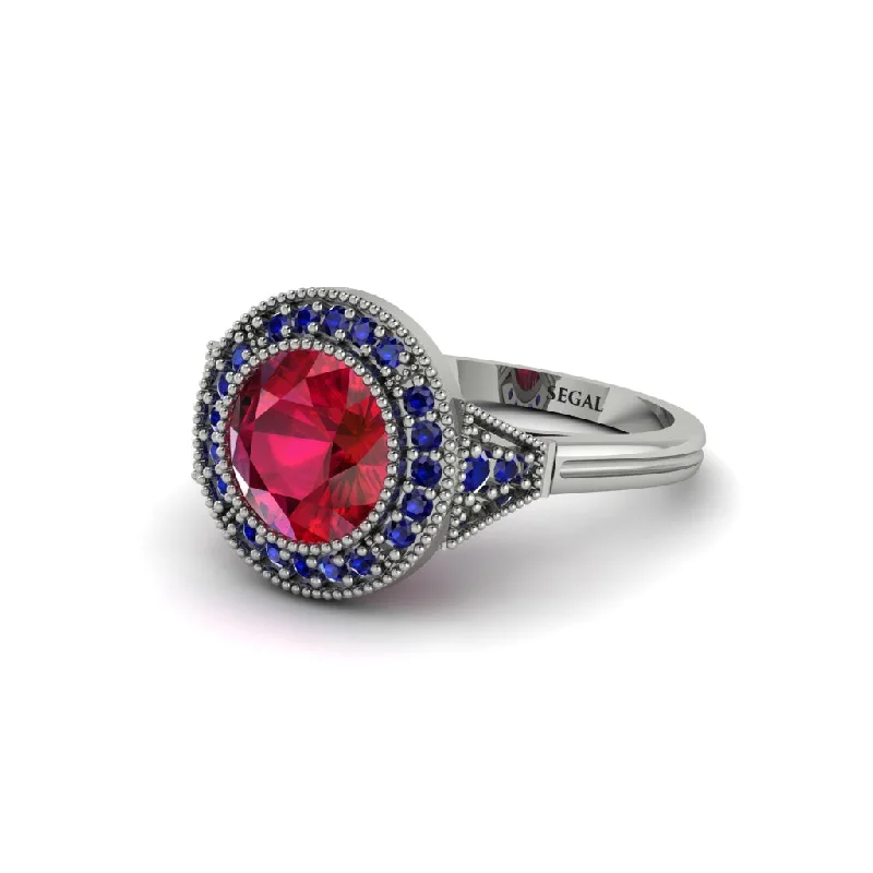 Ladies engagement rings financing plans-Round Cut Ruby Milgrain Halo Engagement Ring - Maggie No. 72