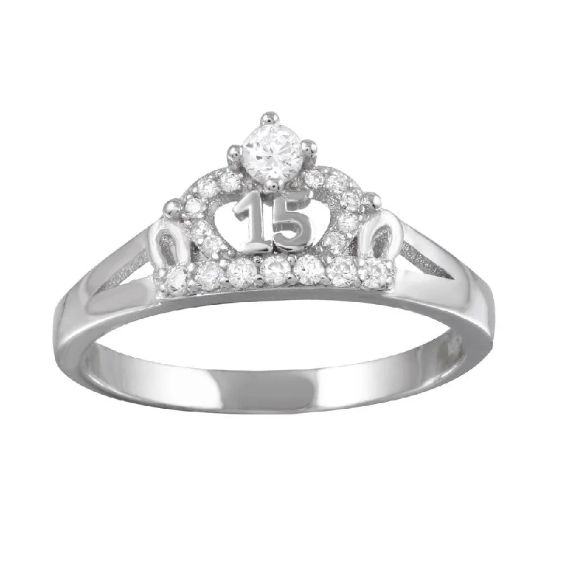 Ladies rings Valentine’s Day-Rhodium Plated 925 Sterling Silver Crown 15 Ring with CZ - TMR00004