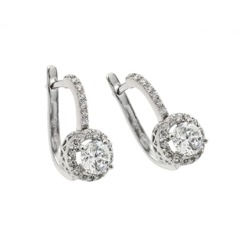 Ladies earrings open patterns-Silver 925 Rhodium Plated Round Center CZ Leverback Earrings - BGE00245