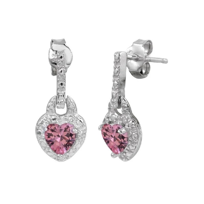 Ladies earrings care tips-Silver 925 Rhodium Plated Heart Shaped Pink CZ Dangling Earrings - STE00104PNK