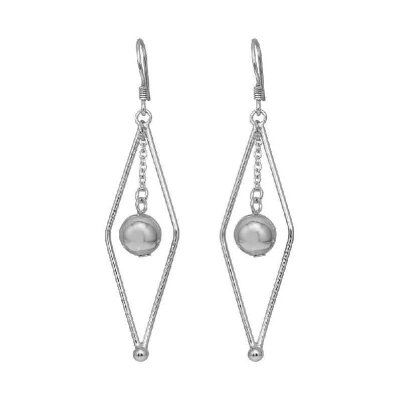 Ladies earrings engagement gifts-Silver 925 Rhodium Plated Open Sharp Marquis Wire Dangling Center Ball Hook Earrings - DSE00043