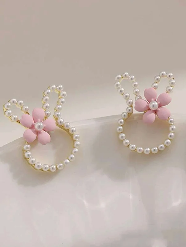 Ladies earrings pure silver-Easter Bunny Earrings with Pearls and a Pink Dainty Flower