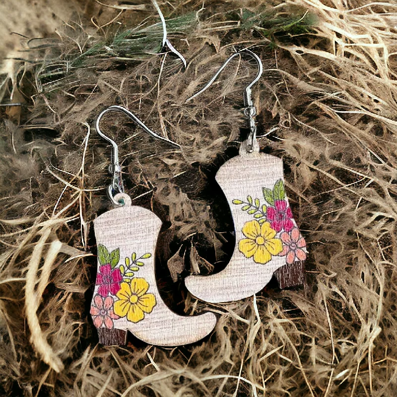 Ladies earrings pure silver-Wooden Floral Cowboy Boot Drop Earrings