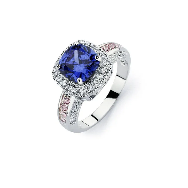 Ladies rings couple rings-Silver 925 Rhodium Plated Blue Square Center and Clear Cluster CZ Bridal Ring - BGR00746