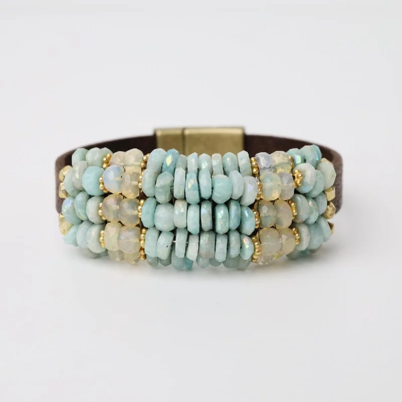 Ladies bracelets white gold-Coated Amazonite, Opal, Vermeil Spacers Leather Bracelet