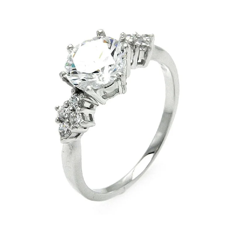 Ladies rings wedding accessories-Silver 925 Rhodium Plated Round Center Diamond Shaped Sides CZ Bridal Ring - BGR00571