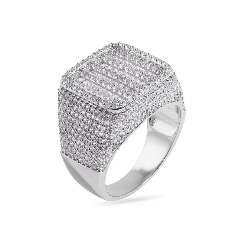 Ladies rings ring finger-Rhodium Plated 925 Sterling Silver Statement Baguette Clear CZ Studded Square Top 17.5mm Ring - GMR00385