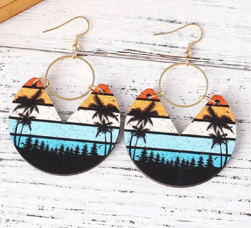 Ladies earrings designer brands-Boho Tree Print Wooden Earrings