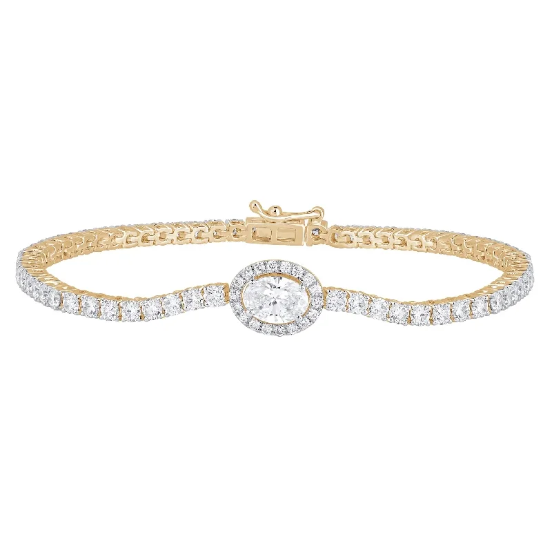 Ladies bracelets worldwide styles-Yellow Gold Diamond Tennis Bracelet with Oval Diamond Halo Center