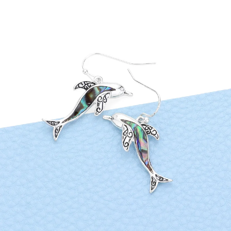 Ladies earrings gold-plated-Abalone Dolphin Earrings