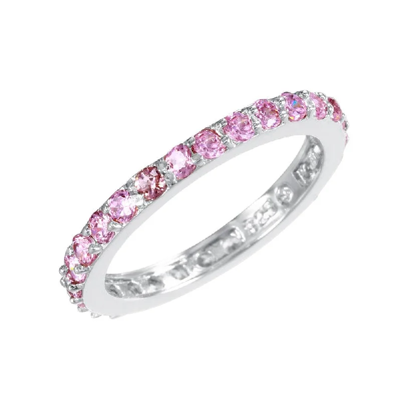 Ladies rings white gold-Silver 925 Rhodium Plated Pink CZ Stackable Eternity Ring - STR00119PNK