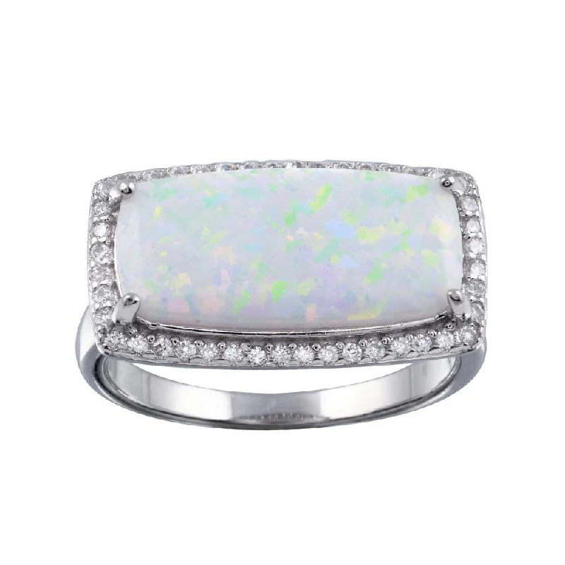 Ladies rings sentimental picks-Rhodium Plated 925 Sterling Silver Rectangular Opal Stone Ring with CZ - BGR01286