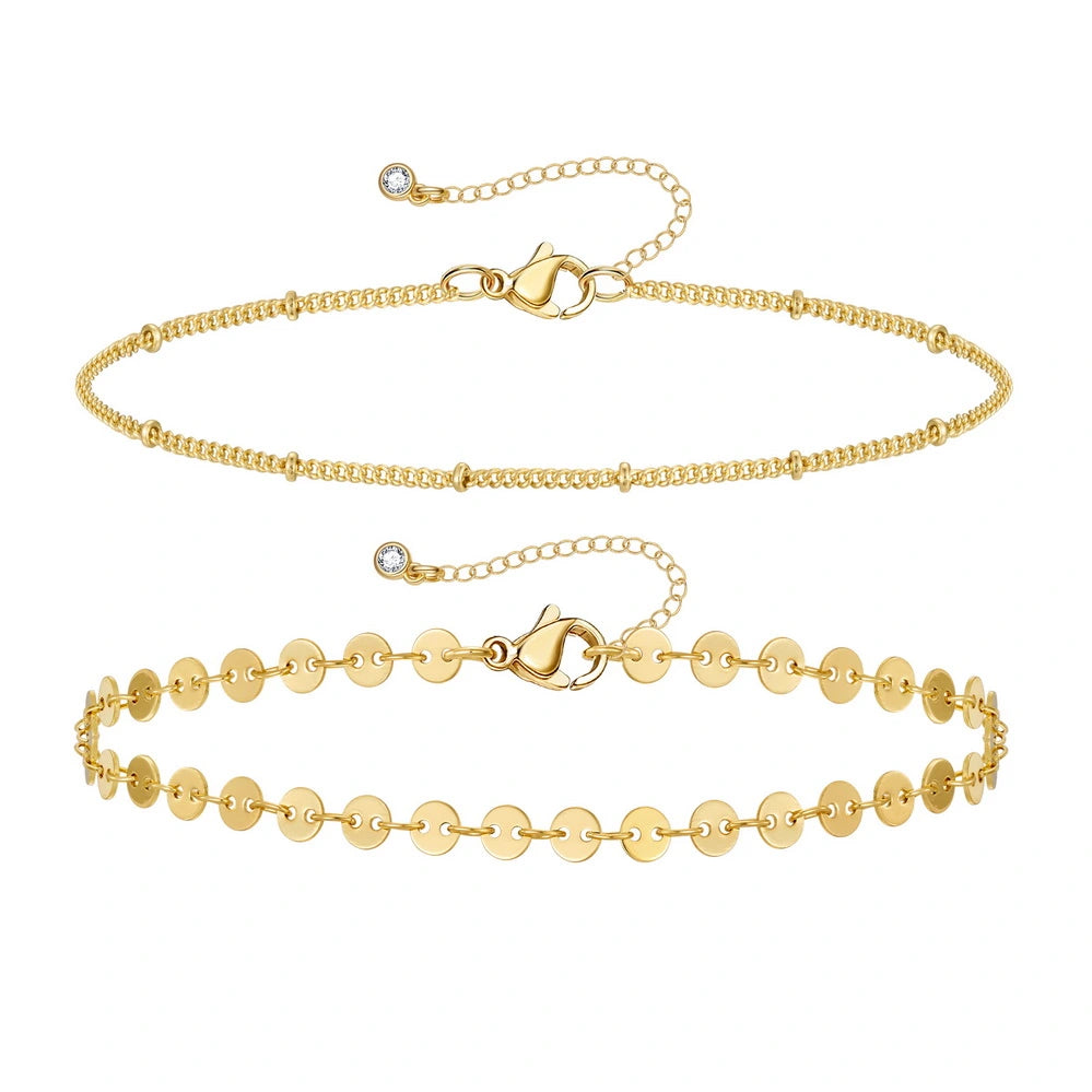 Ladies bracelets engagement gifts-Dainty 14k Gold Plated Layering Anklets Bracelets Set-Sequin & Satellite