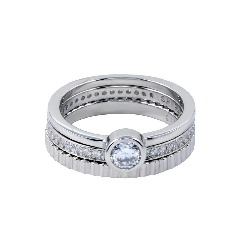 Ladies rings colorful stones-Rhodium Plated 925 Sterling Silver Channel Center CZ Stackable Ring Set - STR01125