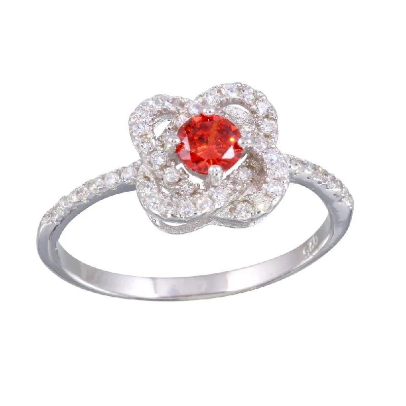 Ladies rings luxurious designs-Rhodium Plated 925 Sterling Silver CZ Knot Red Center Stone Ring - BGR01141RED