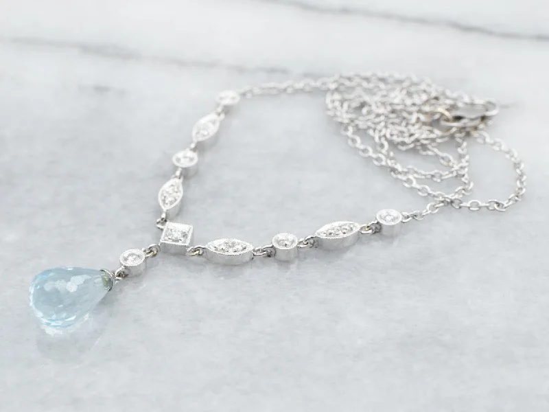 Ladies rings European styles-White Gold Blue Topaz Briolette Necklace with Diamond Accents