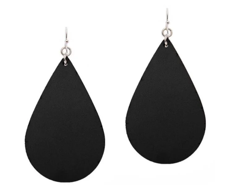 Ladies earrings holiday treasures-BLACK FAUX LEATHER DROP EARRINGS