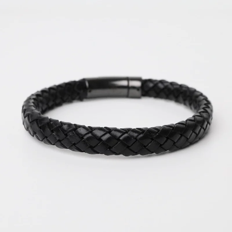 Ladies bracelets wedding elegance-Larger UniSex Size Hand Braided Black Leather Bracelet