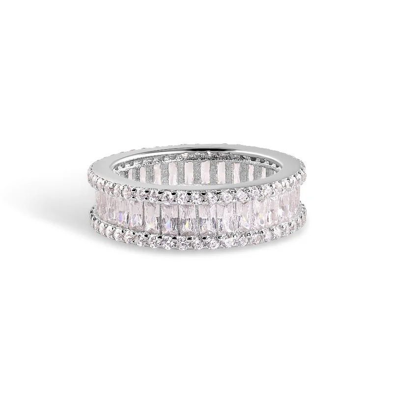 Ladies rings pinky designs-925 Sterling Silver Nickel Free Rhodium Plated Eternity Baguette and Round Clear CZ Ring - STR01138