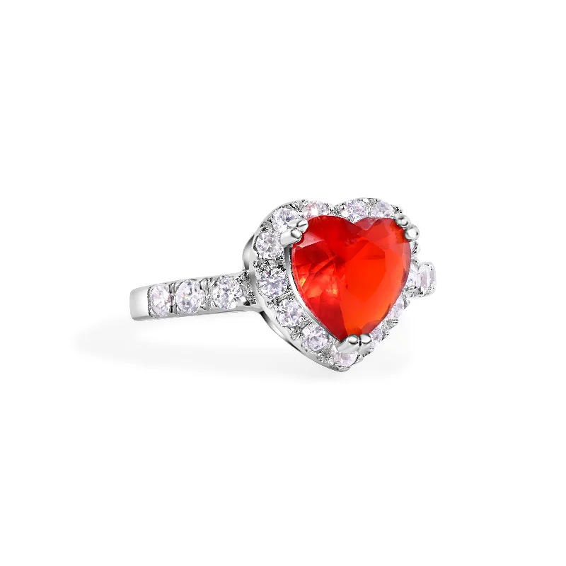 Ladies rings jade accents-Silver 925 Rhodium Plated Red Cluster CZ Heart Bridal Ring - STR00698RED