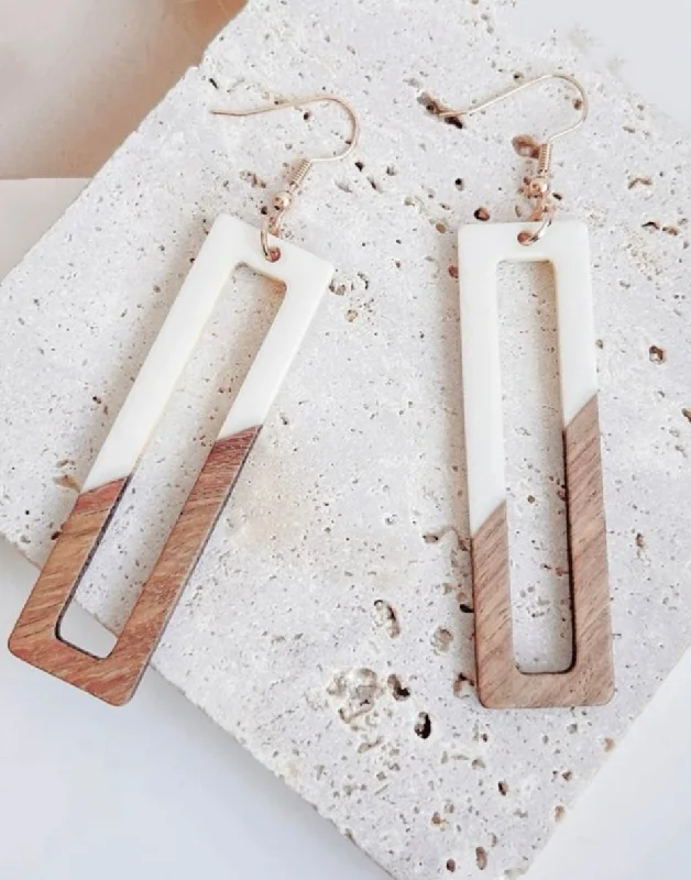 Ladies earrings e-commerce sites-Beautiful White and Wood Rectangular Drop Earrings