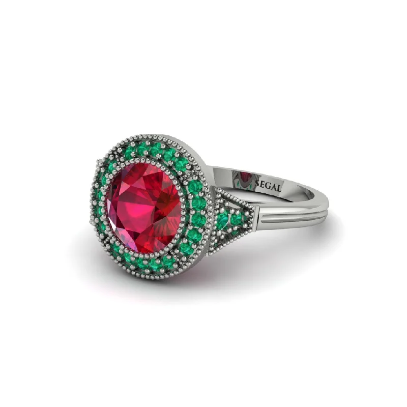 Ladies engagement rings bold designs-Round Cut Ruby Milgrain Halo Engagement Ring - Maggie No. 27