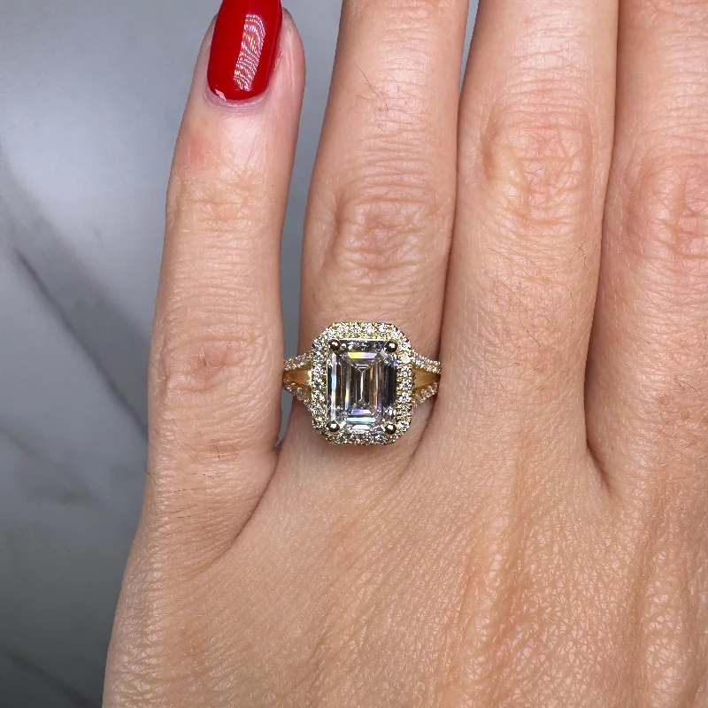 Ladies engagement rings heirloom pieces-"Hazelena" Emerald Cut with Halo and Diamond Shoulder Engagement Ring