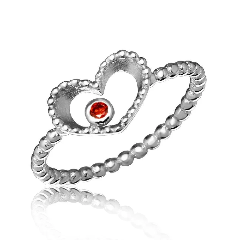 Ladies rings customer reviews-Silver 925 Rhodium Plated Open Heart Ring with Red CZ - STR01055