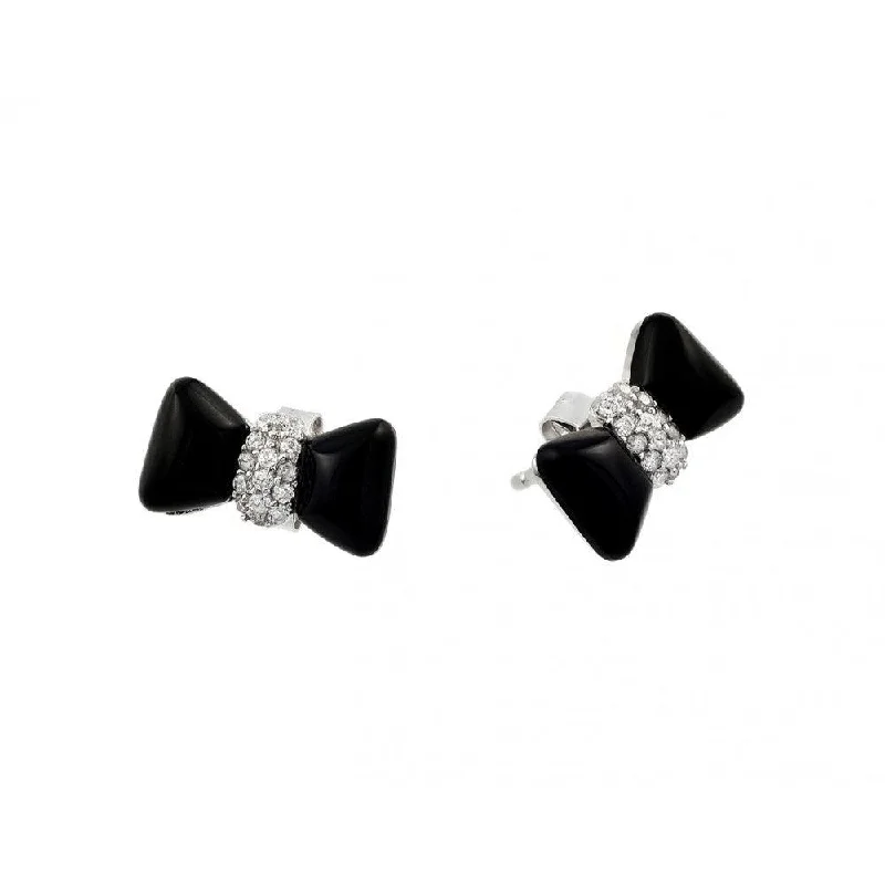 Ladies earrings size guide-Silver 925 Rhodium Plated Black Enamel Bow Tie Earrings - STE00976