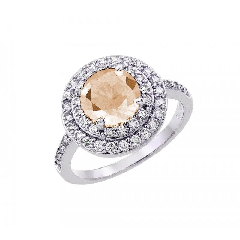 Ladies rings sterling silver-Silver 925 Rhodium Plated Champagne Center and Clear Cluster CZ Ring - BGR00886CHP