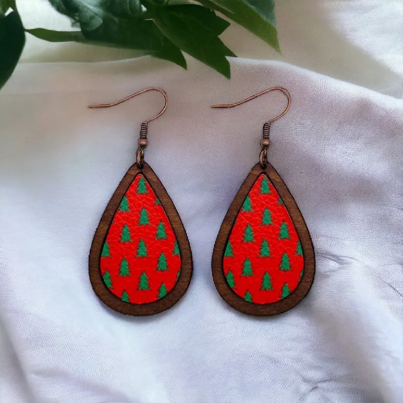 Ladies earrings bridal must-haves-Wood and Leather Christmas Tree Drop Earrings